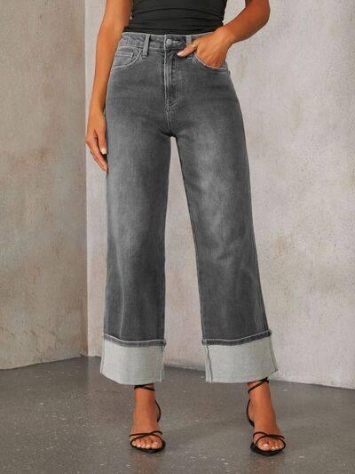 High Waisted Straight Leg Rolled Jeans - Clothes For Her Online Store