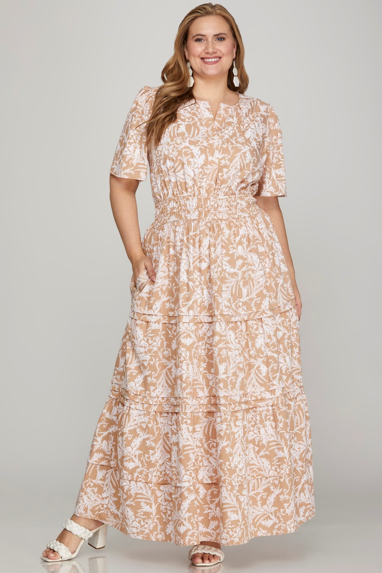 She + Sky Printed Notched Woven Tiered Pintuck Maxi Dress with Side Pockets - Clothes For Her Online Store