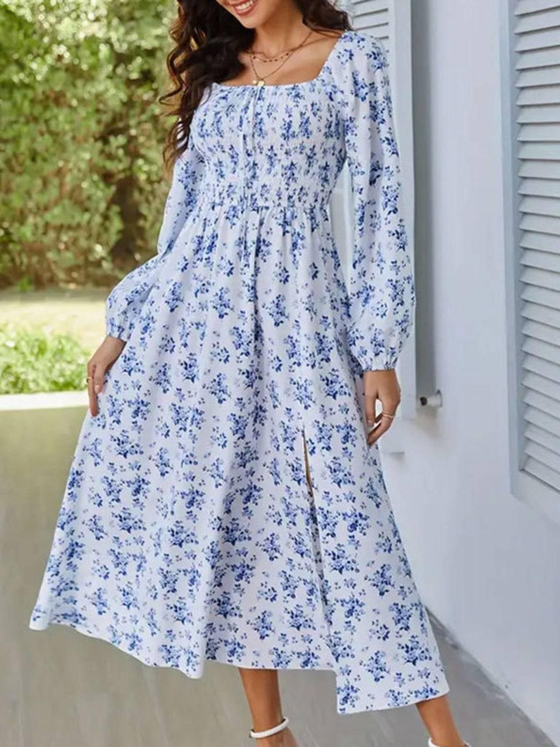 Slit Smocked Floral Square Neck Balloon Sleeve Midi Dress