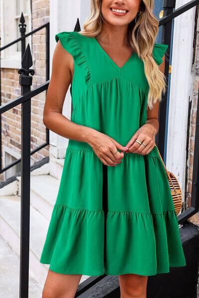 Ruffled V-Neck Cap Sleeve Mini Dress