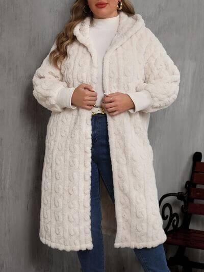 Plus Size Open Front Hooded Plush Coat - Clothes For Her Online Store