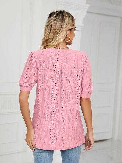 Florira Eyelet Notched Short Sleeve T-Shirt