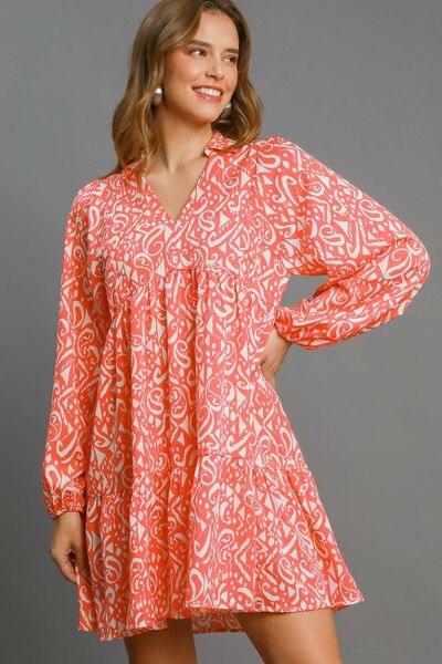 Umgee Full Size Two Tone Print Balloon Sleeve Tiered Dress Plus Size - Clothes For Her Online Store