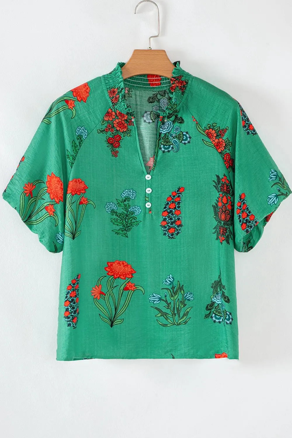 Floral Print Notched Short Sleeve Blouse - Clothes For Her Online Store