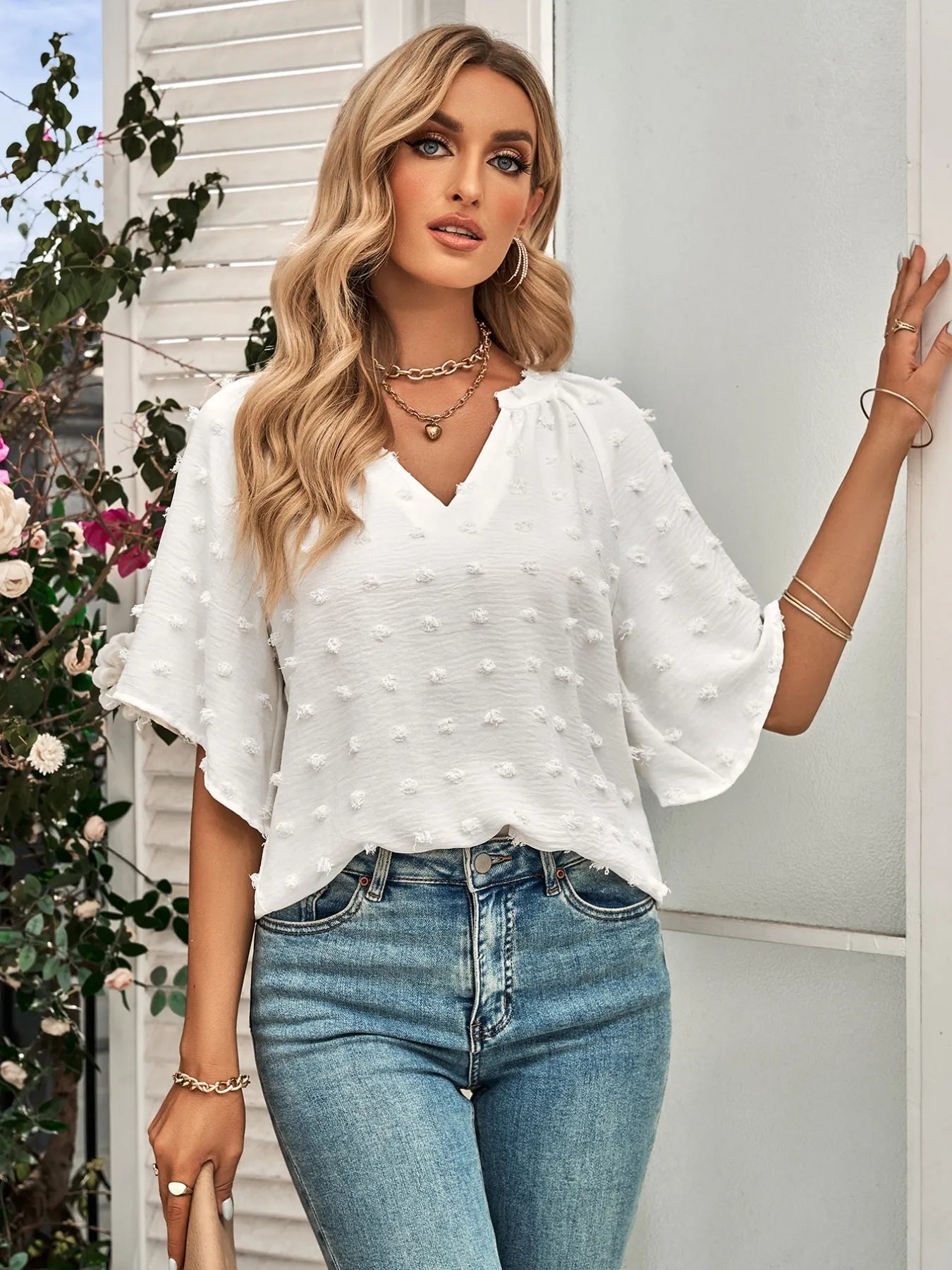 Swiss Dot Notched Half Se Blouse