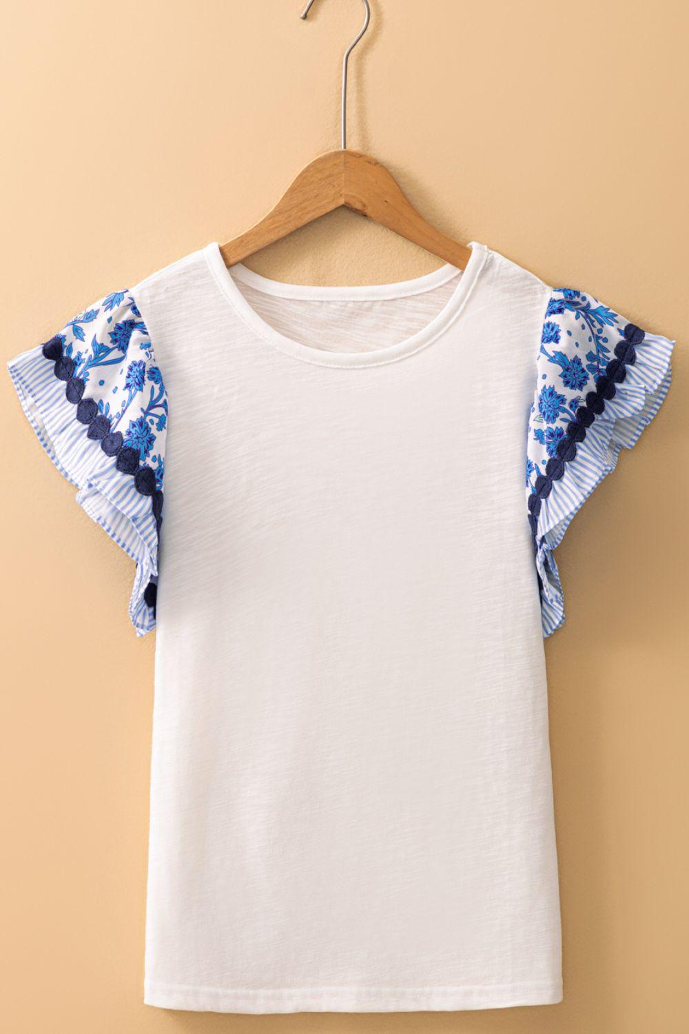 Round Neck Printed Ruffled Cap Sleeve Blouse