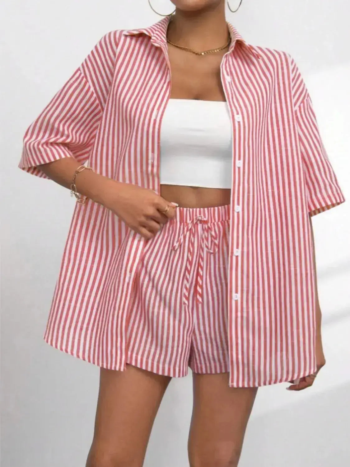 Striped Button Up Shirt and Shorts Set - Clothes For Her Online Store