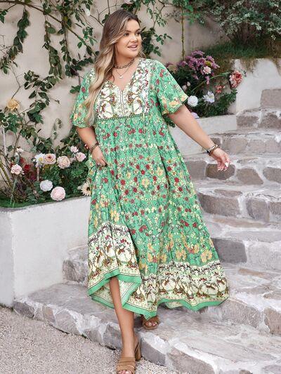 Plus Size Floral Tie Neck Flutter Sleeve Maxi Dress