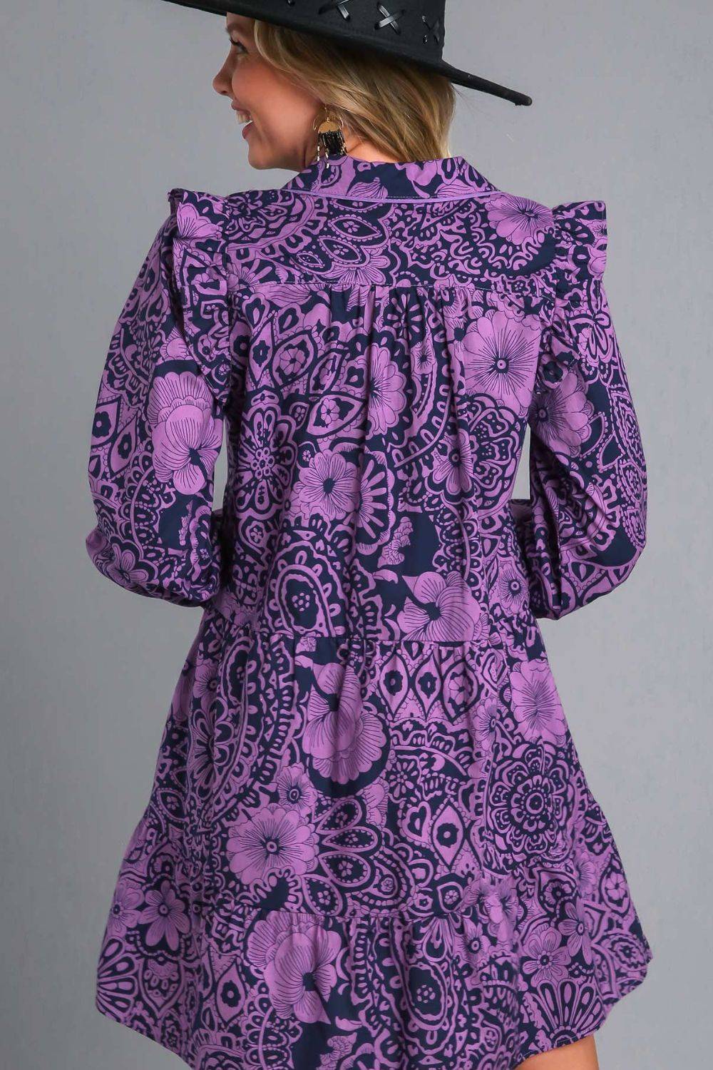 Umgee Full Size Ruffled Printed Piping Detail Long Sleeve Dress Plus Size - Clothes For Her Online Store