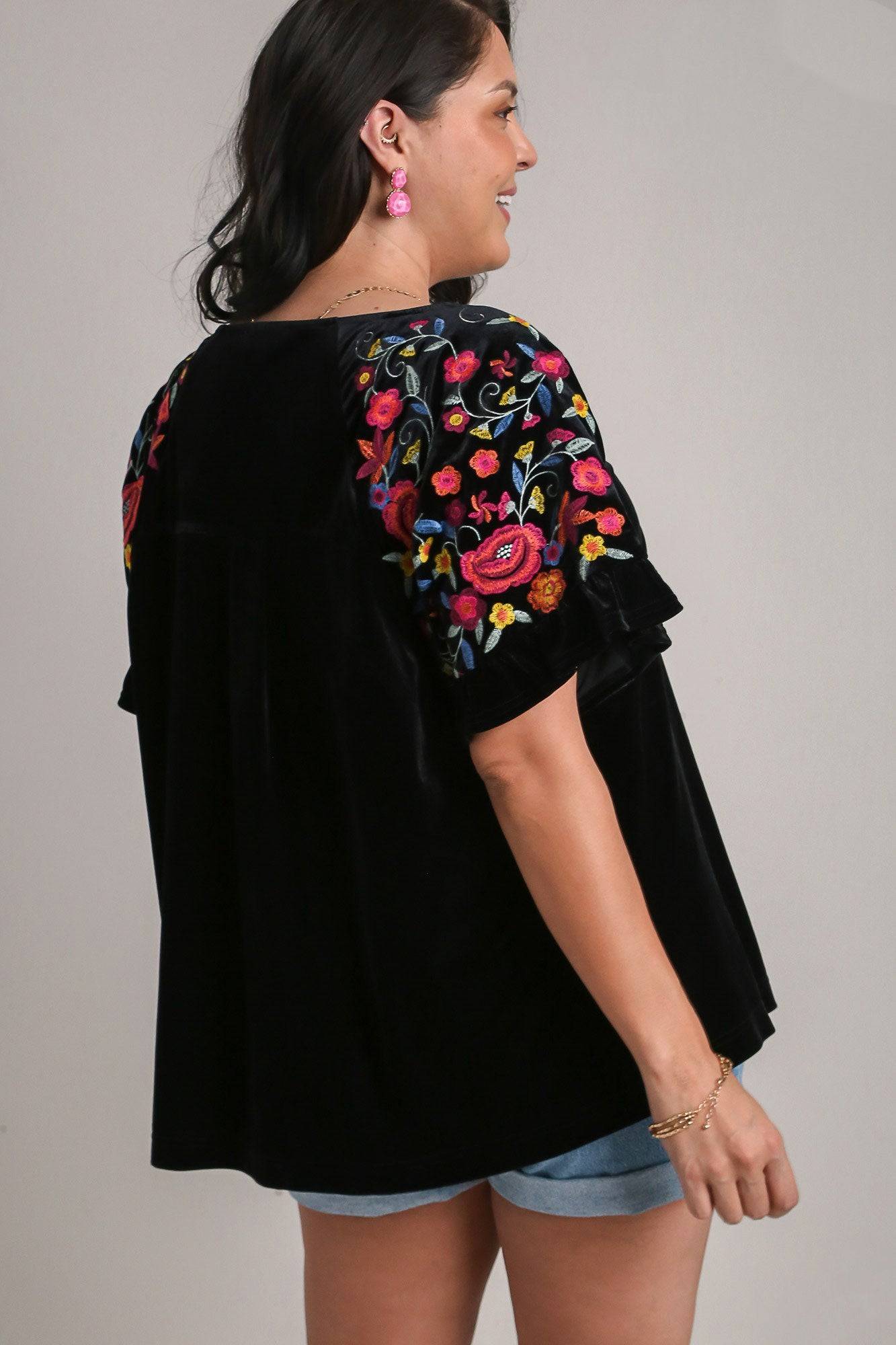 Umgee Full Size Velvet Embroidery Short Sleeve Blouse - Clothes For Her Online Store