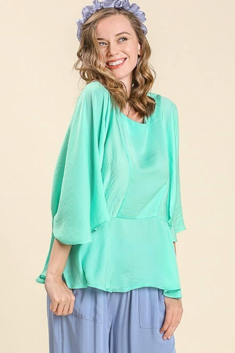 Umgee Full Size Satin Pleated Round Neck Kimono Sleeve Blouse Plus Size