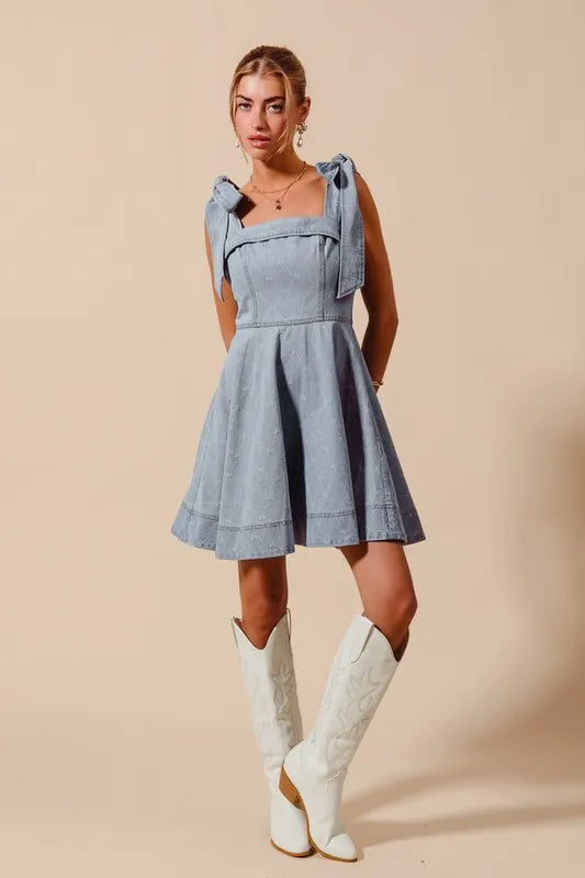 SO ME A Line Fit and Flare Diamond Bow Ribbon Denim Dres