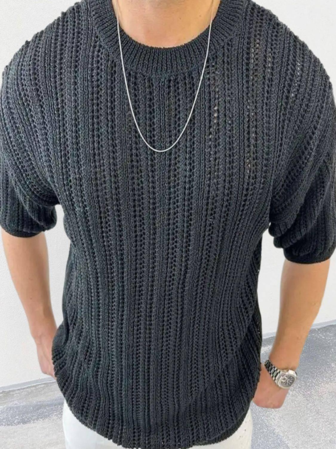 Men's Openwork Round Neck Knit T-Shirt - Clothes For Her Online Store