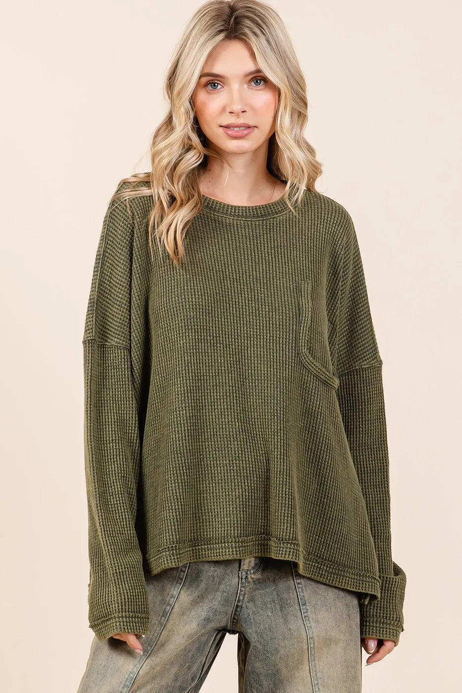 Mittoshop Mineral Wash Cutout Pocket Long Sleeve Waffle Top