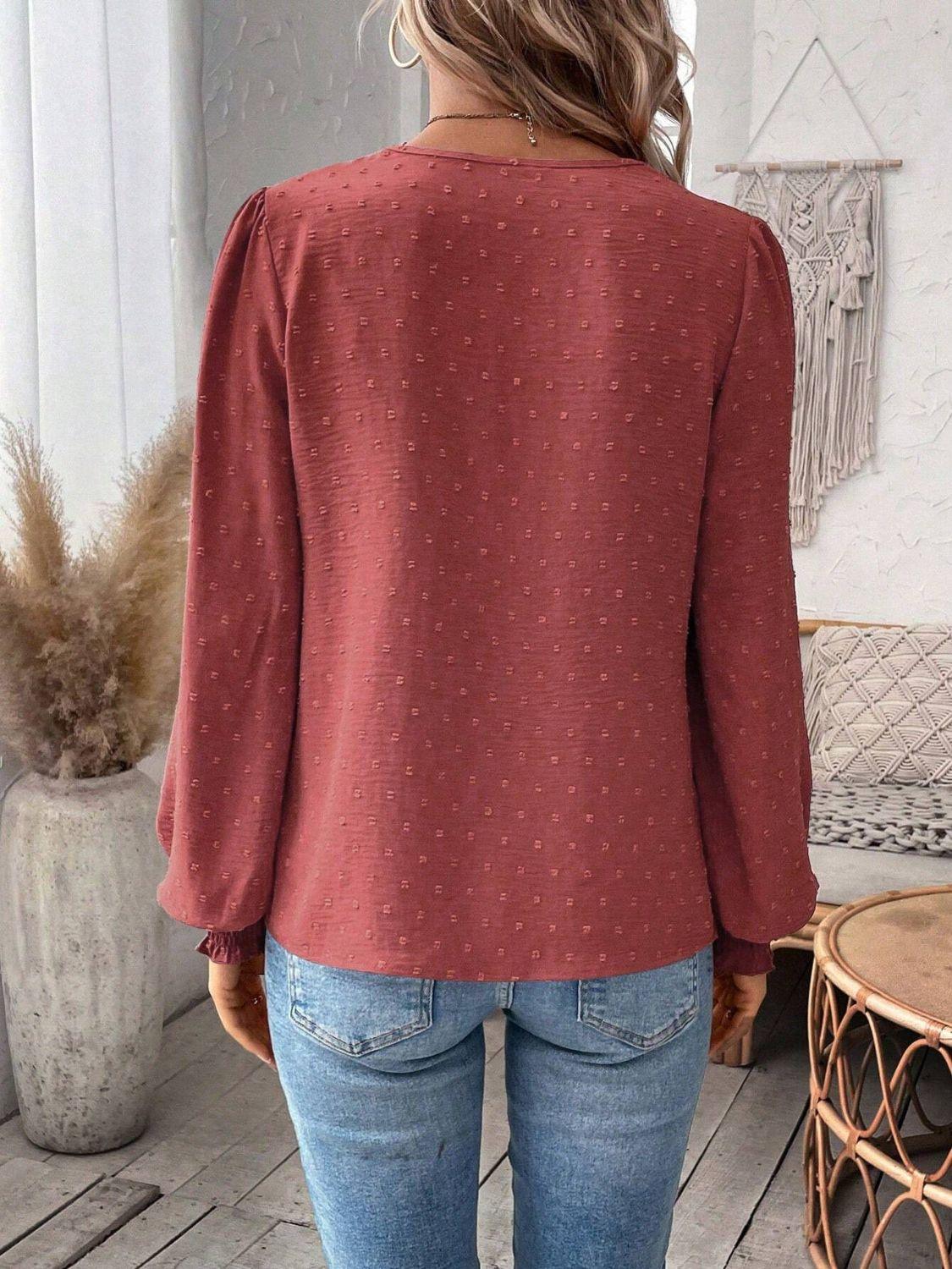 Swiss Dot Lace Detail Notched Long Sleeve Blouse