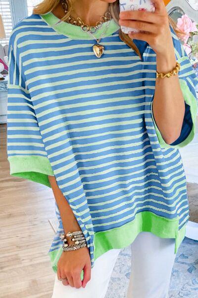 Stripe Oversized Contrast Trim Exposed Seam High Low T Shirt