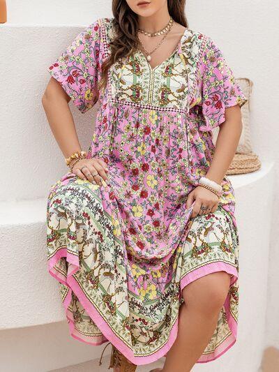 Plus Size Floral Tie Neck Flutter Sleeve Maxi Dress