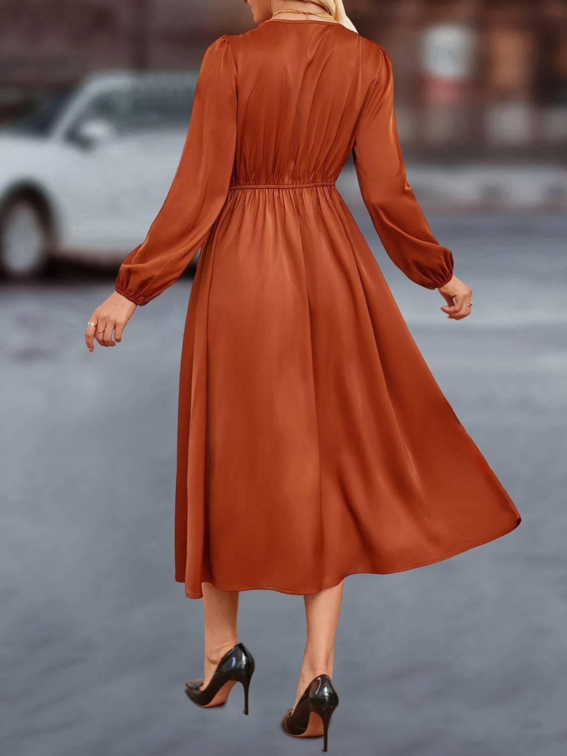 V-Neck Balloon Sleeve Midi Dress