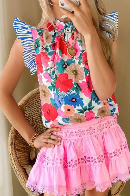 Floral Mock Neck Striped Cap Sleeve Blouse