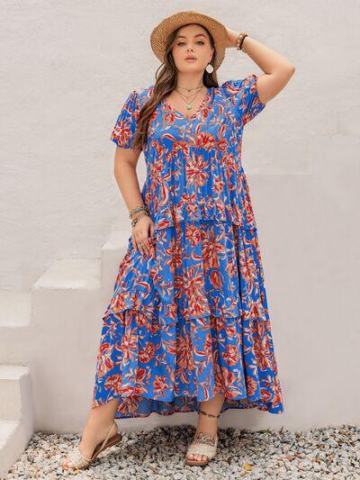 Plus Size Ruffled Printed V-Neck Short Sleeve Maxi Dress - Clothes For Her Online Store