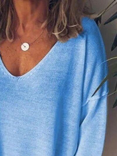 Full Size V-Neck Drop Shoulder Long Sleeve T-Shirt Plus Size