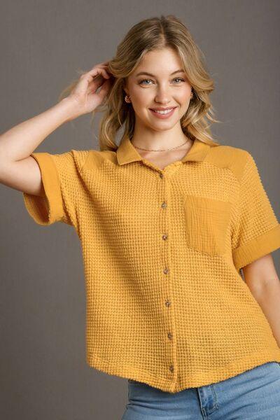 Umgee Full Size Waffle-Knit Short Sleeve Button Down Shirt Plus Size - Clothes For Her Online Store