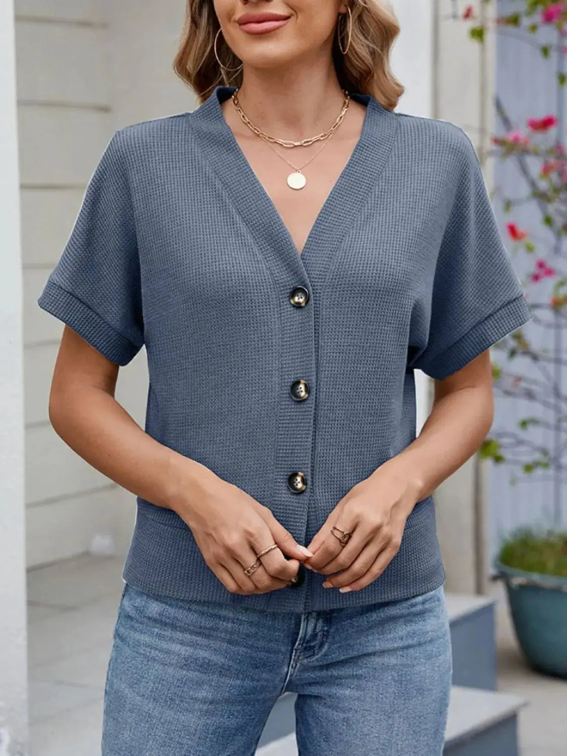 Waffle Knit Button Down Short Sleeve Top - Clothes For Her Online Store