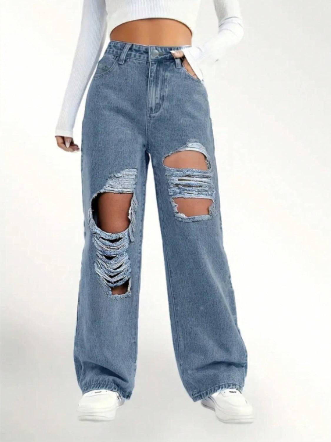 Distressed Wide Leg Jeans - Clothes For Her Online Store