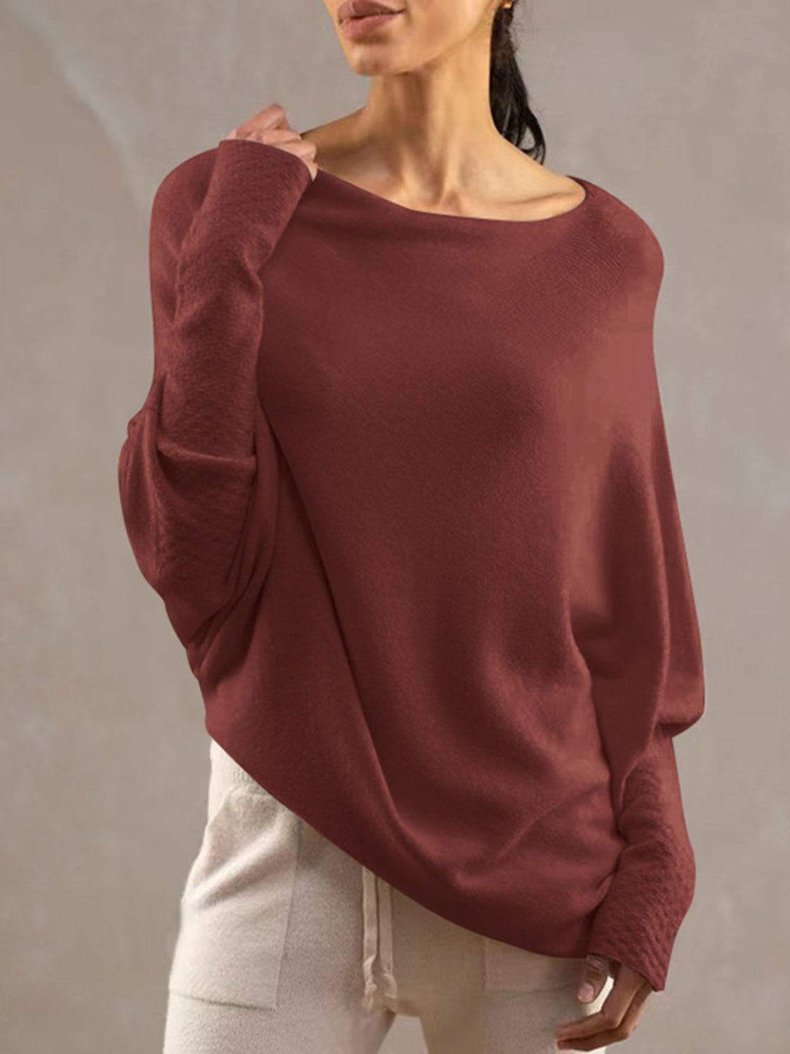 Full Size Boat Neck Batwing Sleeve Knit Top - Clothes For Her Online Store