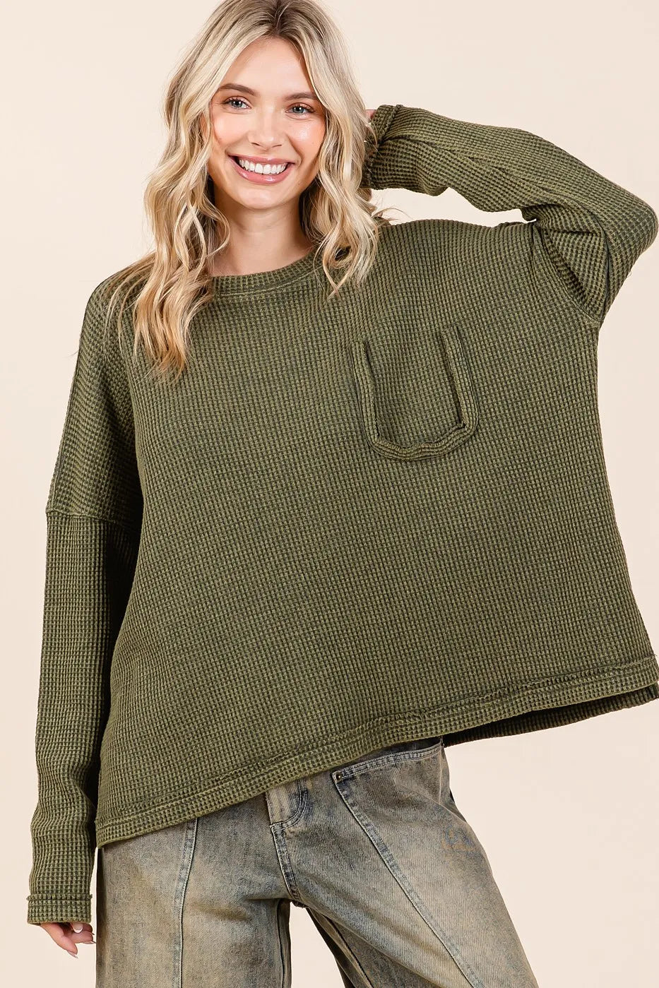 Mittoshop Mineral Wash Cutout Pocket Long Sleeve Waffle Top