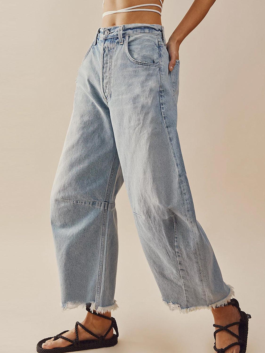 Raw Hem Wide Leg Jeans with Pockets - Clothes For Her Online Store