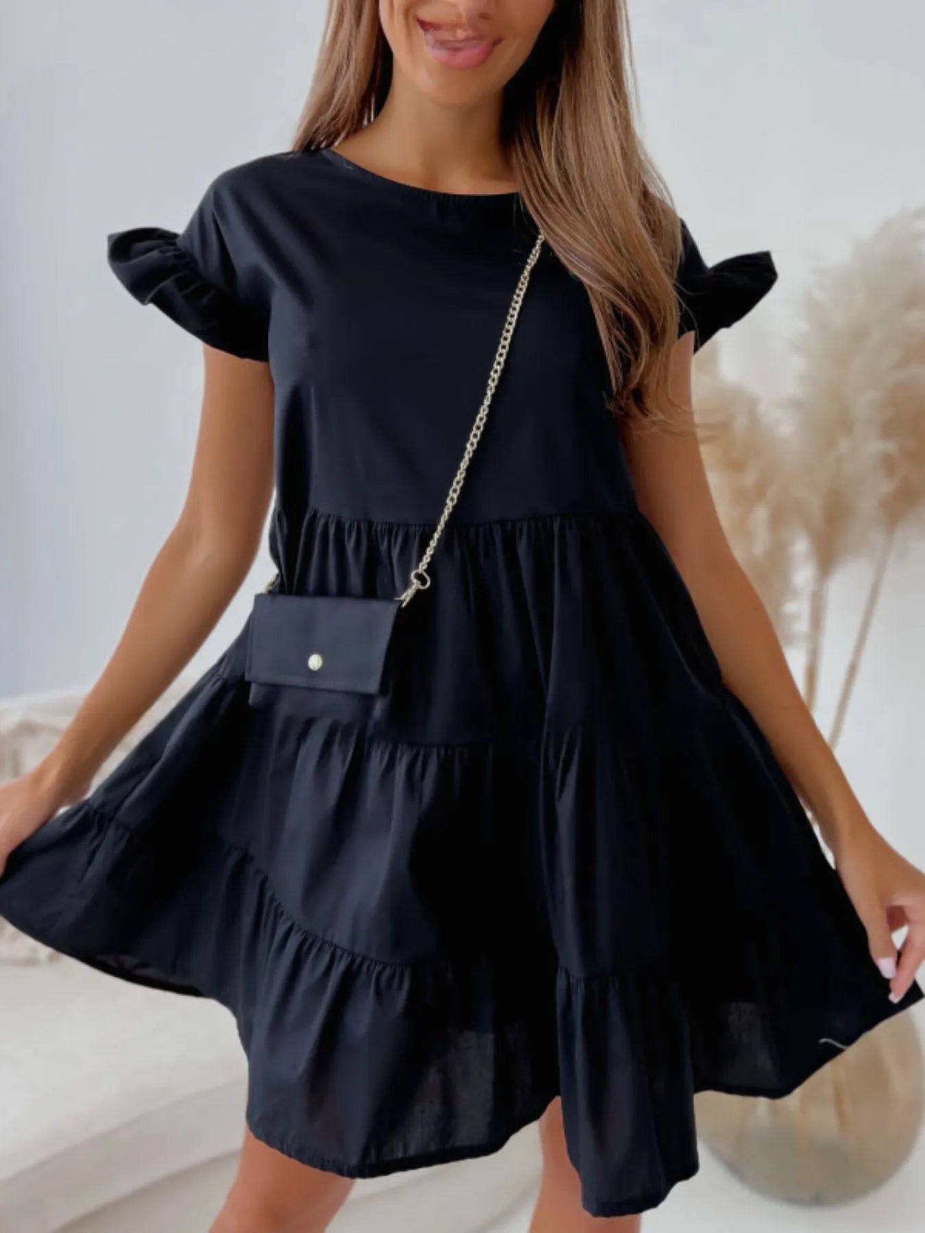 Ruffle Sleeve Tiered Swing Dress