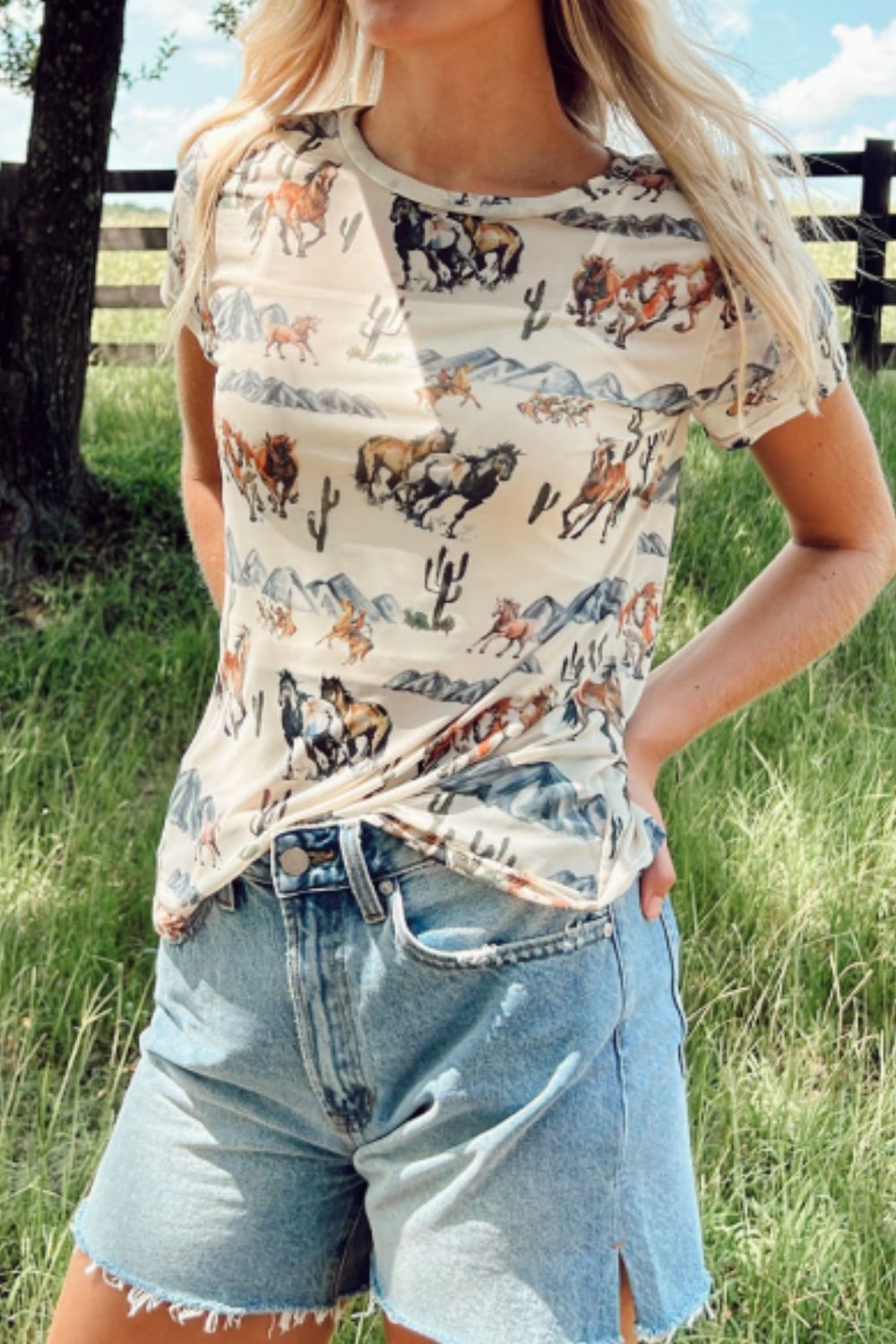 Western Fashion Mustang River Printed Mesh T Shirt