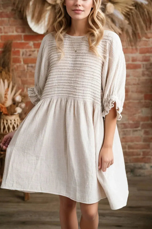 Textured Ruffled Puff Sleeve Loose Dress - Clothes For Her Online Store