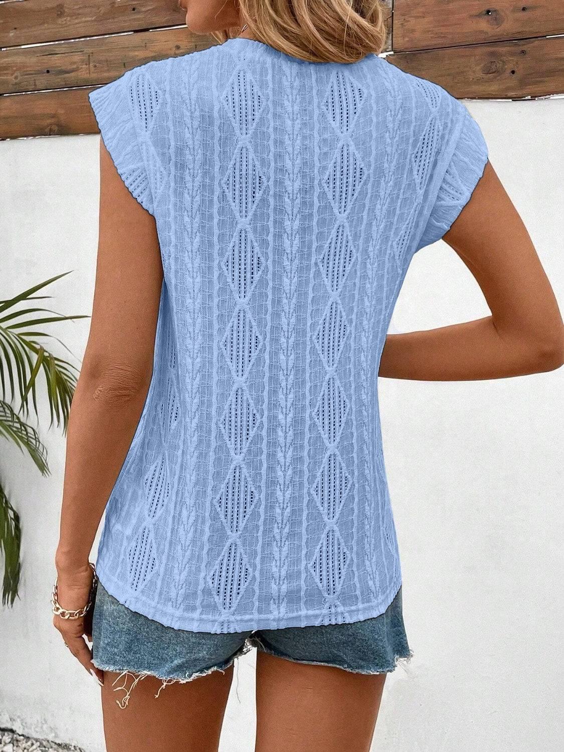 Eyelet Round Neck Cap Sleeve Top