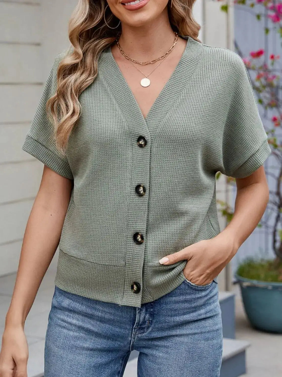 Waffle Knit Button Down Short Sleeve Top - Clothes For Her Online Store