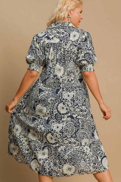 Umgee Full Size Printed Smocked Cuff Puff Sleeve Midi Dress Plus Size