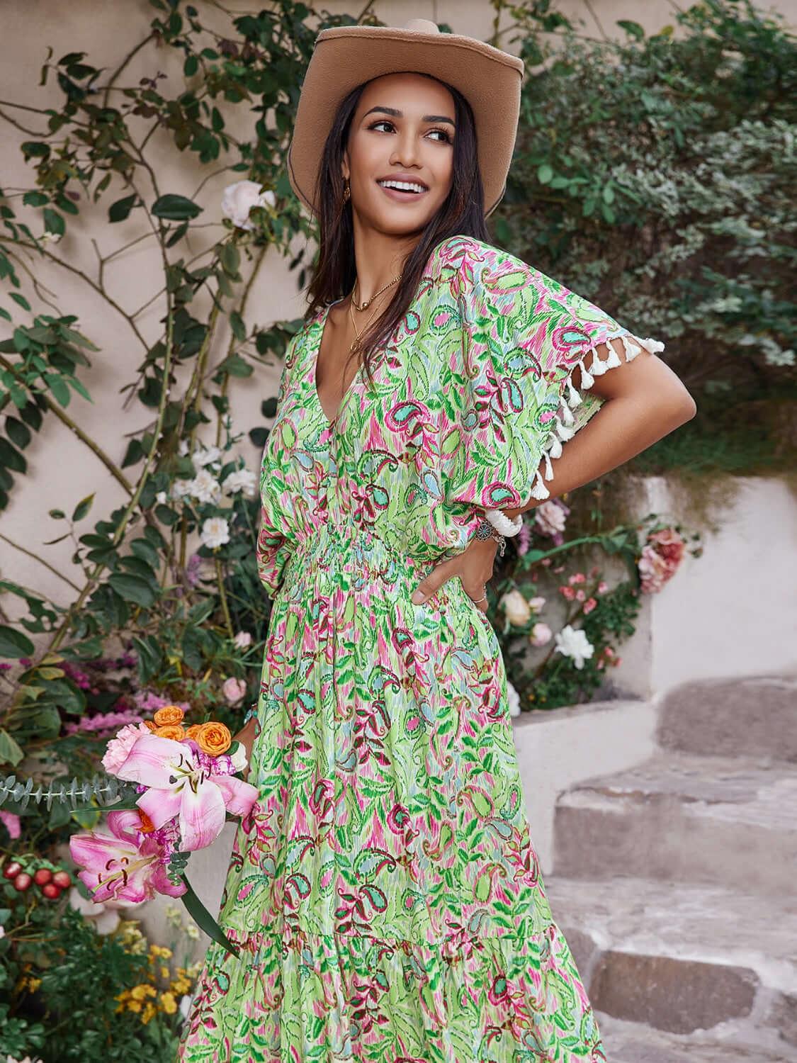 Smocked Floral V-Neck Short Sleeve Dress - Clothes For Her Online Store