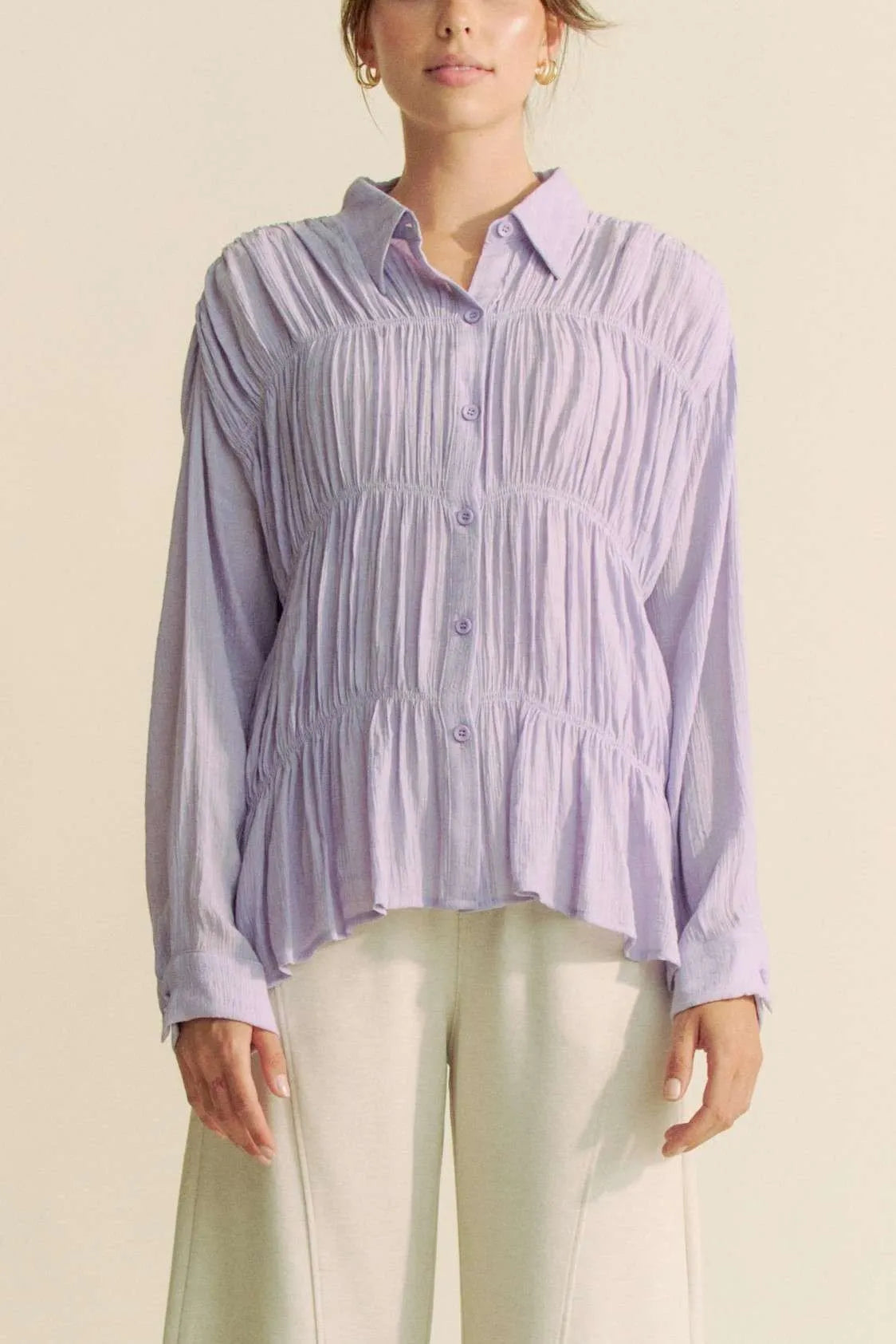 Davi & Dani Ruched All Over Button Front Shirt