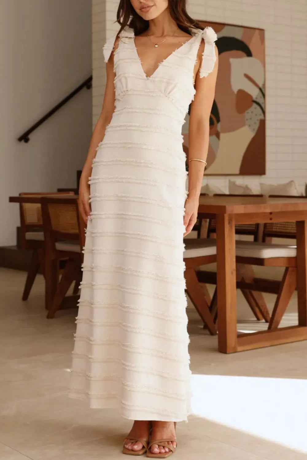 Textured V-Neck Tie Shoulder Dress