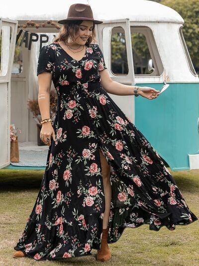 Plus Size Button Detail Printed V-Neck Short Sleeve Maxi Dress - Clothes For Her Online Store