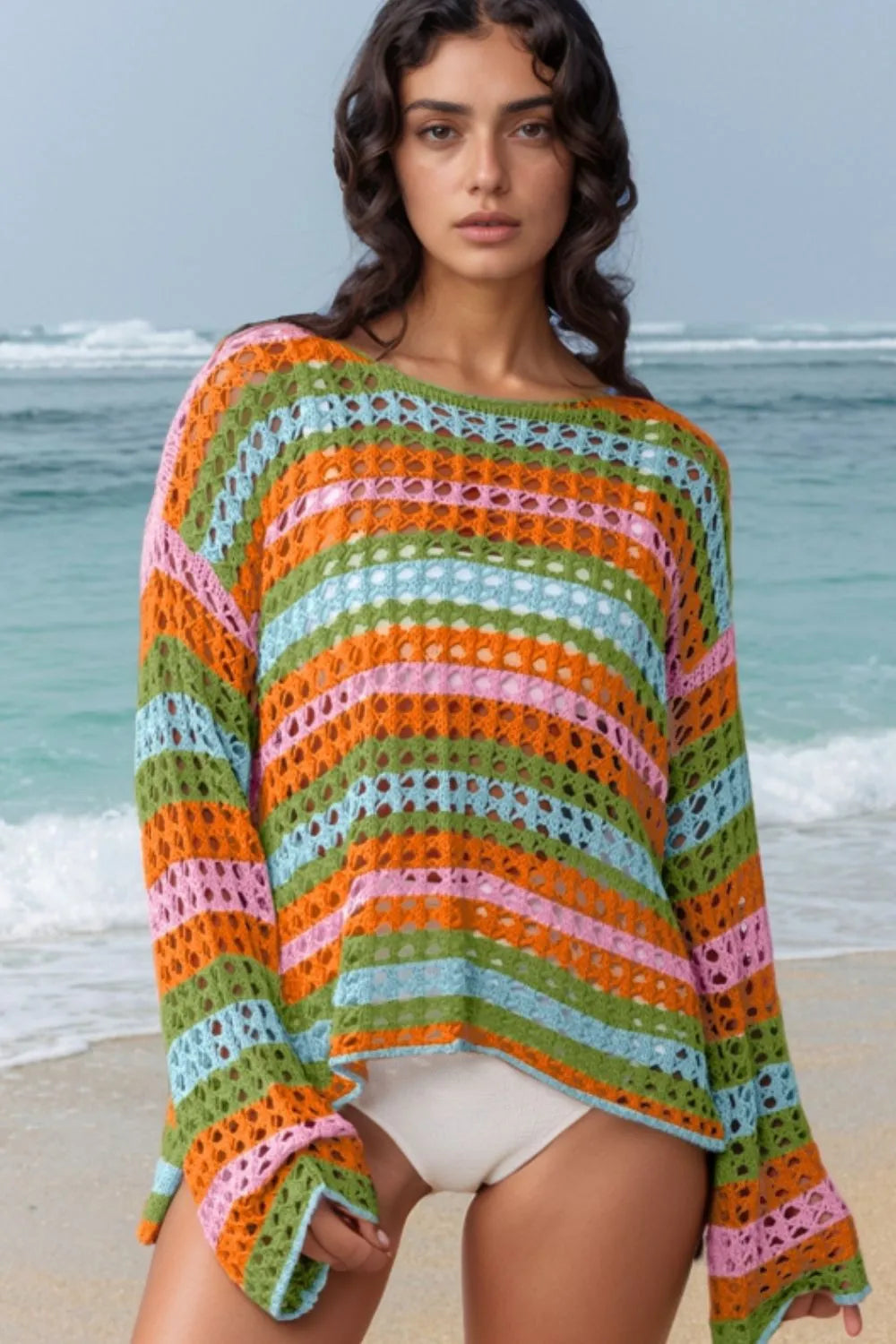 Openwork Round Neck Long Sleeve Knit Cover Up