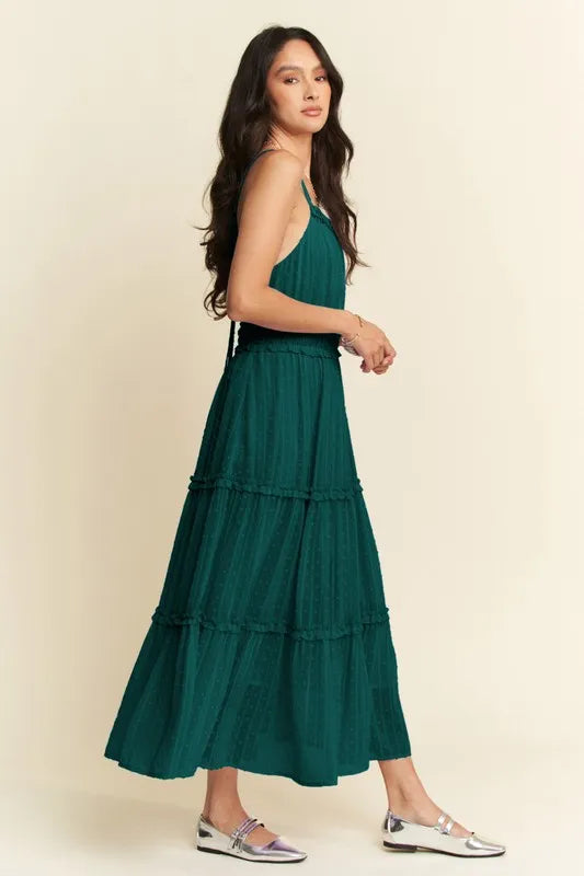 Davi & Dani Texture Swiss Dot Ruffle Square Neck Midi Dress