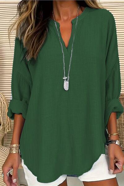 Solid Color Notched Long Sleeve Blouse