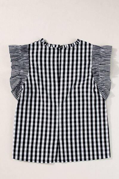 Checkered Ruffled Sleeve Frilled Neck Blouse