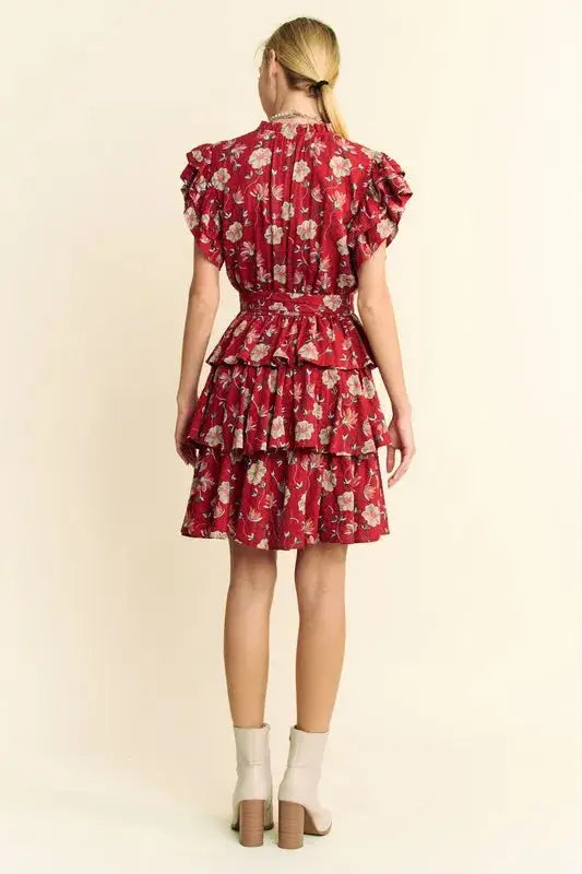 Davi & Dani Ruffle Flutter Sleeve Tie Belt Tiered Mini Dress - Clothes For Her Online Store