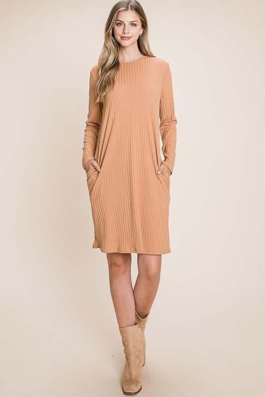 BOMBOM Round Neck Long Sleeve Ribbed Knit Dress