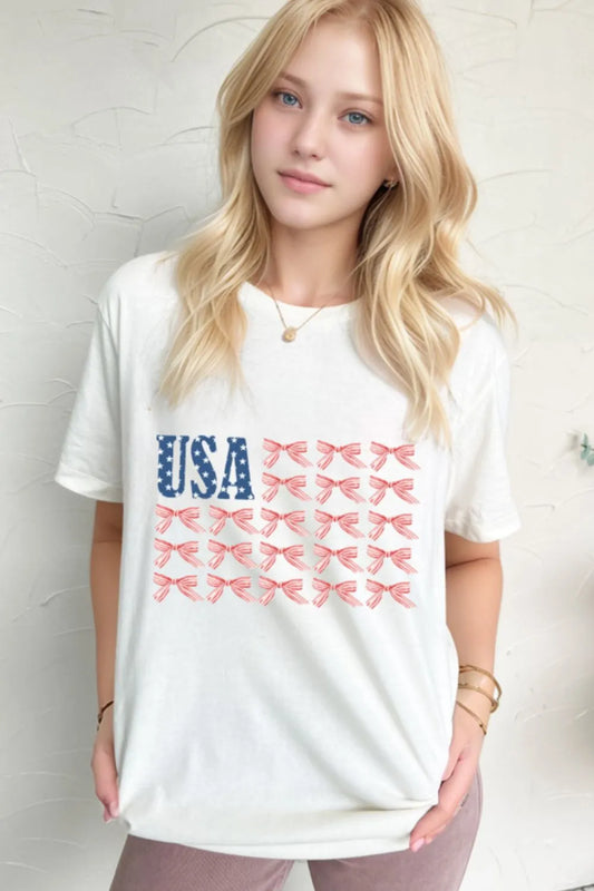 USA Flag Bow Knot Print Round Neck T Shirt