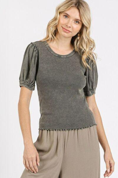 Mittoshop Mineral Wash Puff Sleeve Rib Knit Top - Clothes For Her Online Store