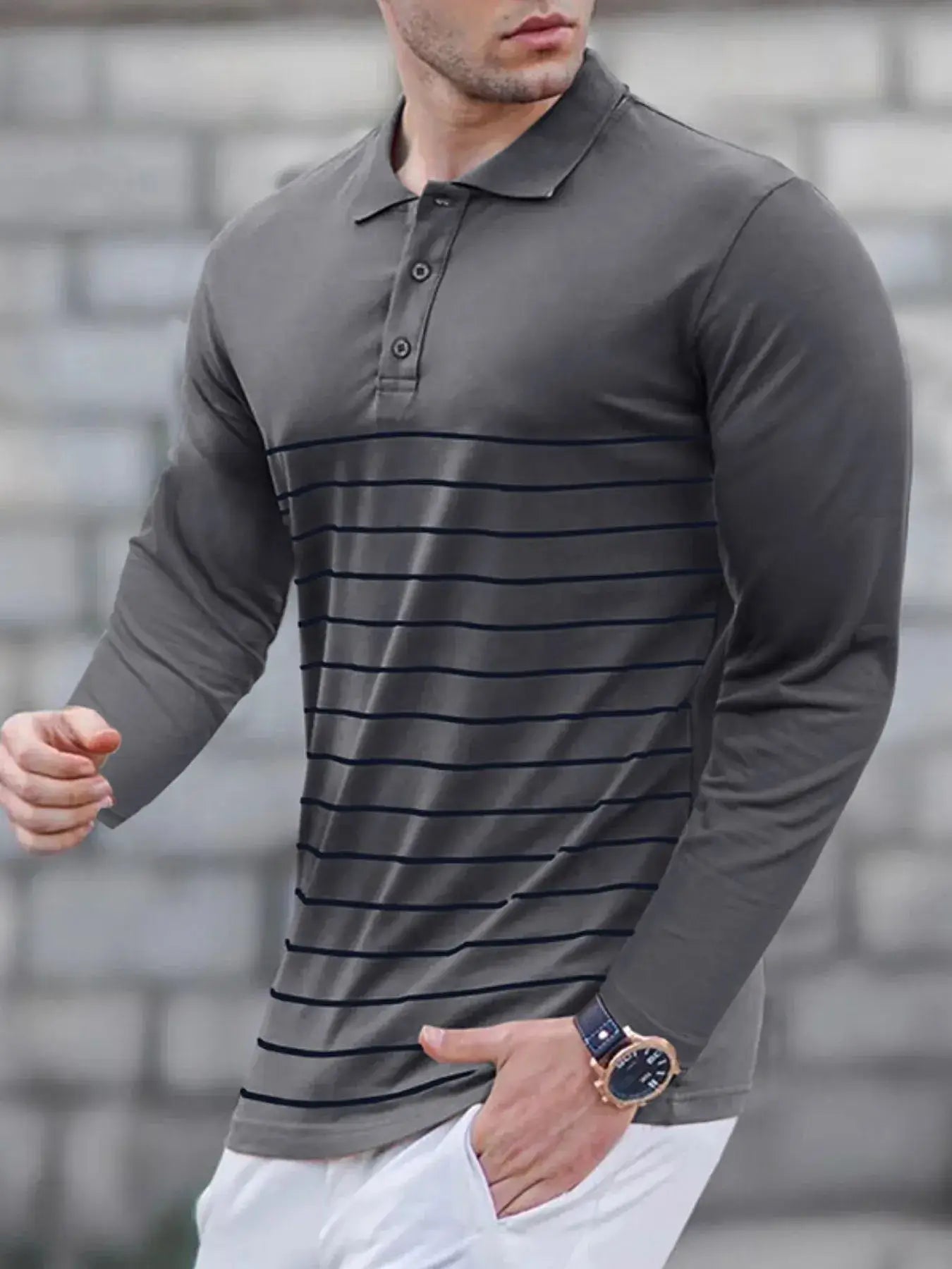 Men's Striped Long Sleeve Polo Shirt